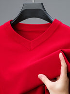 Men's V-neck Knit Base Layer, Form-fitting Without Being Tight, Accentuates a Clean Silhouette While Allowing Unrestricted Arm Movement. Suitable for Business Commutes, Family Gatherings, and Holiday Celebrations - Red