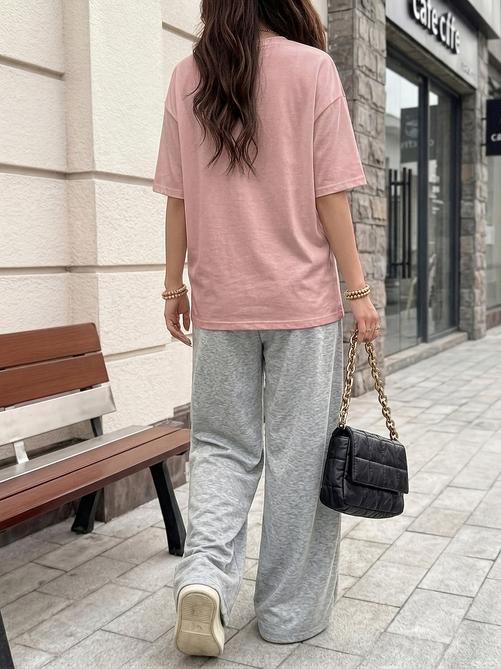 Women's Casual Streetwear Trend Los Angeles 98 Print Crew Neck Short Sleeve Top and Loose Drawstring Long Pants 2pcs Set, Women's Fashion Outfit, Suitable for Summer Streetwear - Pink+Grey