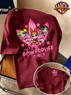Warner Bros. Authentic Men's 100% Cotton Short-Sleeve T-Shirt, American Streetwear Brand Cartoon Print Top. Features a Complete and Full Cartoon Girl Group Design with a Sweet-cool Color-blocking Visual Effect. Eye-catching Visual Appeal - Burgundy