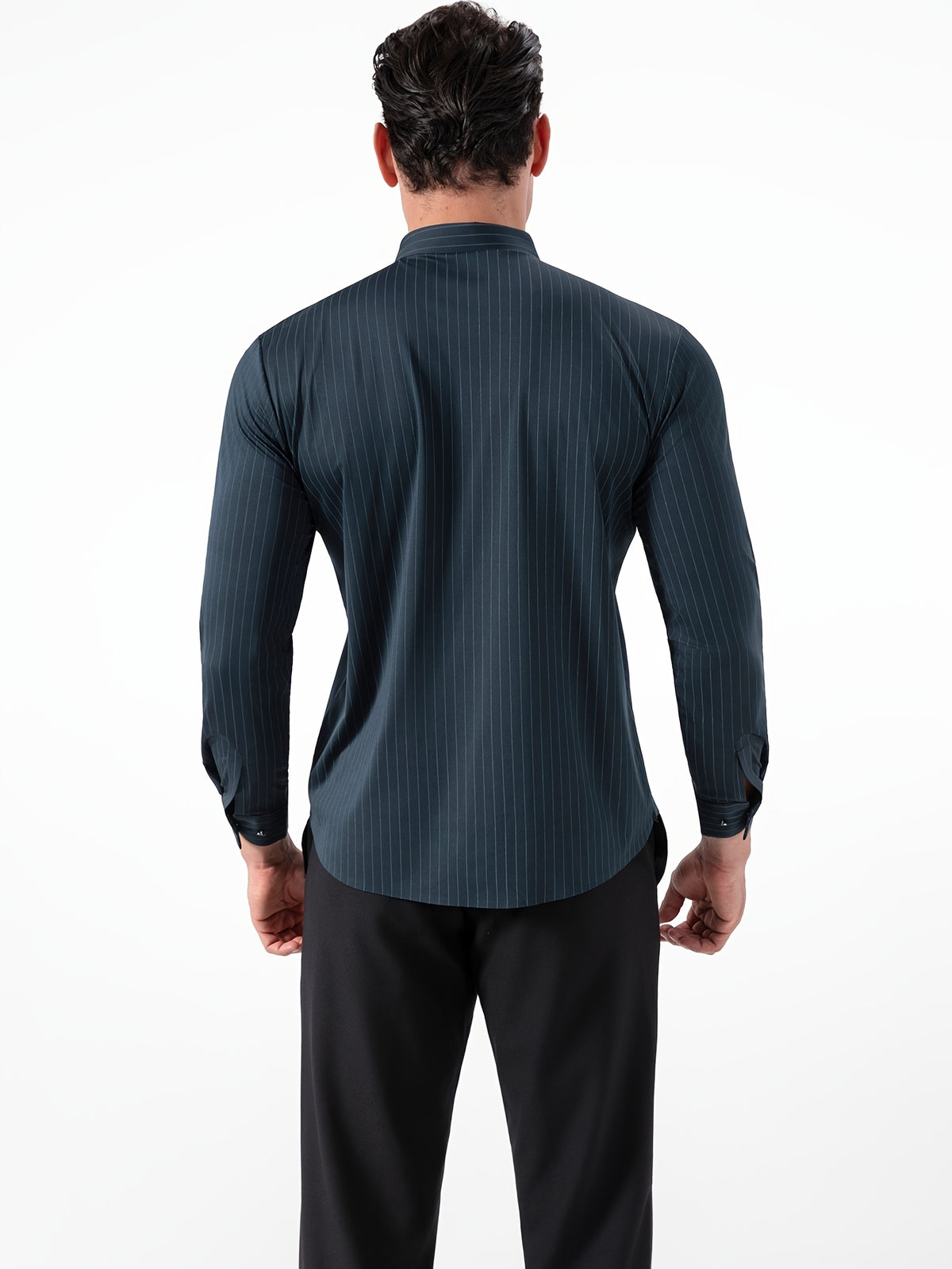 Seamless High-Elasticity Pressed Hem Wrinkle-Free Men's Long-Sleeve Striped Fashion Casual High-End Button-Up Cardigan Four-Way Stretch Men's Top, Fabric Weight 160g, Material 88% Polyester Fiber 12% Spandex - ink green strip