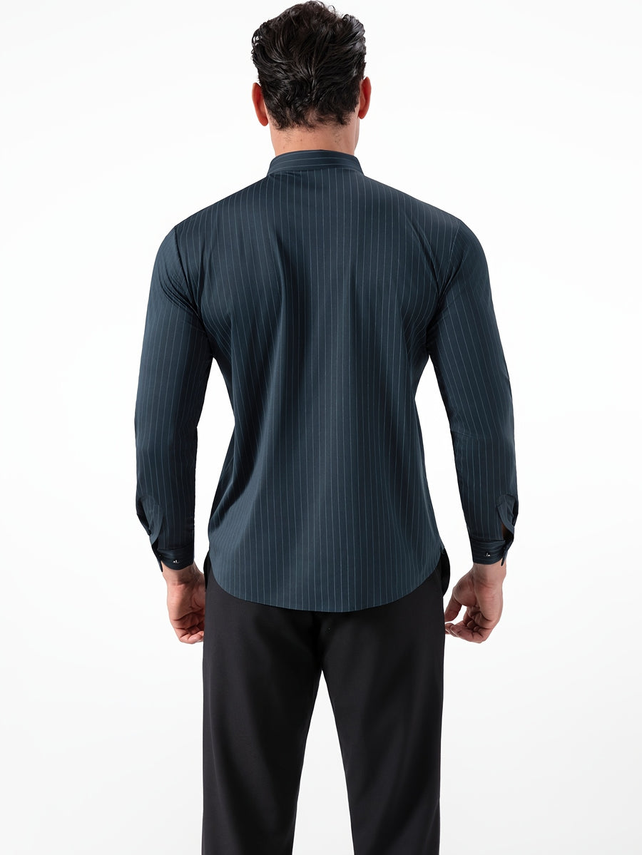Seamless High-Elasticity Pressed Hem Wrinkle-Free Men's Long-Sleeve Striped Fashion Casual High-End Button-Up Cardigan Four-Way Stretch Men's Top, Fabric Weight 160g, Material 88% Polyester Fiber 12% Spandex - ink green strip