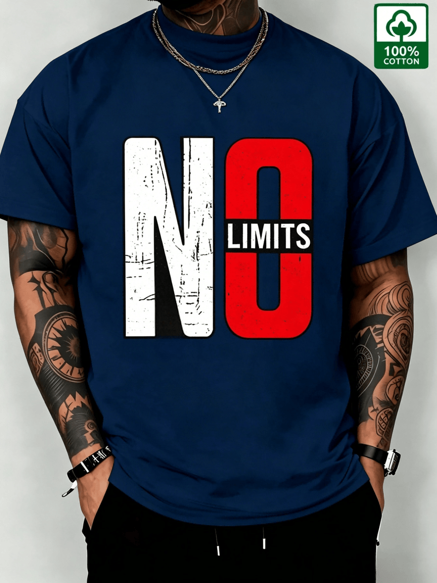 NO LIMITS Personalized Letter Print Unisex Short Sleeve, Made of 210G High-Quality Pure Fabric, Soft And Skin-Friendly Breathable, Dyes Keep Colors Fresh for a Long Time. Classic Trendy Brand Style Design Combined with Distressed Worn-Out Print - Navy Color