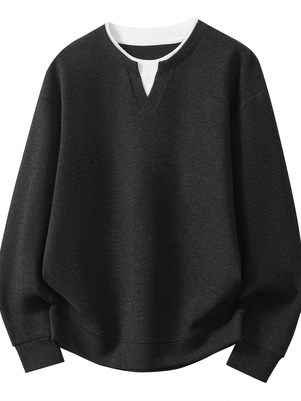 Men'S V-Neck Faux Two-Piece Long Sleeve Sweatshirt, Suitable for Commute And Casual Wear, Outerwear And Inner Wear, Regular Shoulder Long Sleeve Pullover Sweatshirt - SINBOS - Black Gray