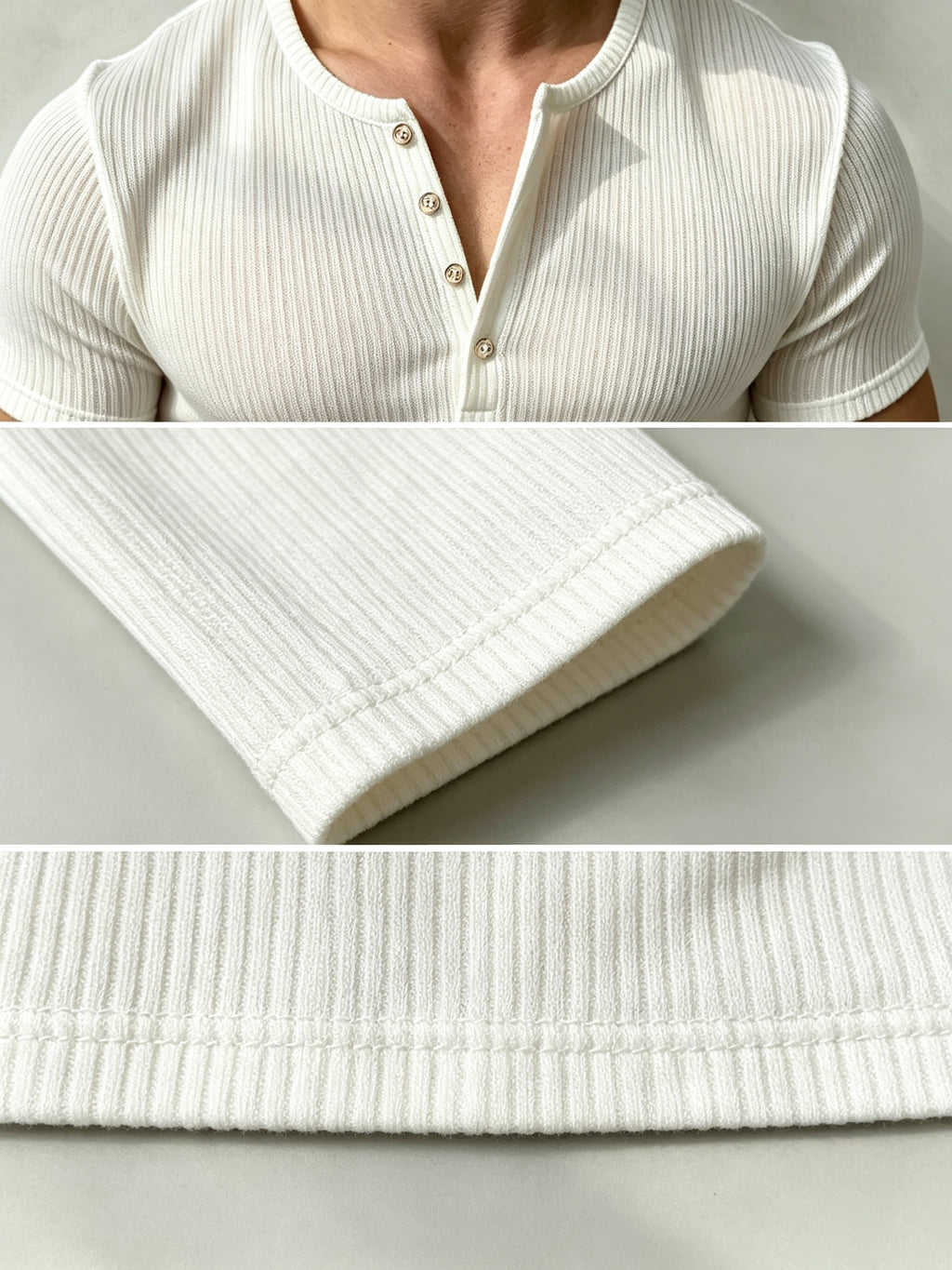 Josh Mei Product Selection Business Casual Men's Henley Short Sleeve Vertical Striped Textured Lightweight Breathable Top Outdoor Street Trendy Daily Commute Underwear Shirt - White