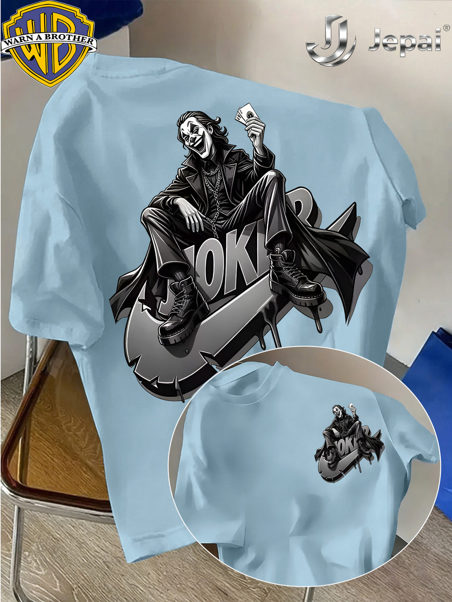 Warner Exclusive, Vintage Street Style DC Joker Themed Print Men's Summer Basic Daily Casual Short-Sleeve Top, Casual Crew Neck Shirt, Suitable for Outdoor Wear, Fitness, Office, and Daily Outfits, an Essential Item for Men's Basic Wardrobe - Light Blue