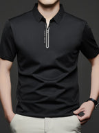Spring/Summer Lapel Polo Shirt, Casual T-Shirt for Young and Middle-Aged, Outdoor Outings, Office Commuting, Outdoor Recreation, Urban Lapel Short-Sleeve Fashion Style, Casual Outing Top, Breathable Design, Solid Color, Casual Half-Sleeve - Black