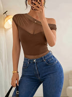 New Women's Versatile Summer Mesh Bodysuit, Elegant and One-shoulder Mesh Patchwork Pleated Bodysuit, Sexy Party and Nightclub Outfit, Elegant Summer Women's Bodysuit. - Light Brown-1
