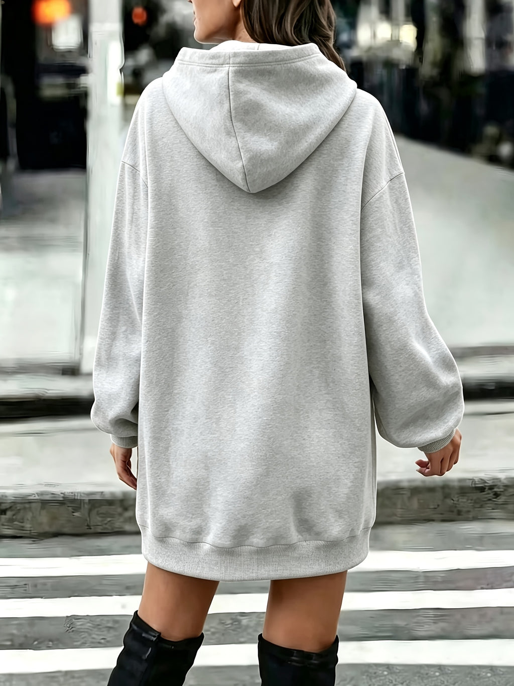 Long Hooded Sweat Dress Women'S Autumn Winter Thickened Fleece Top Women'S Versatile Loose Casual Long Sleeve Hoodie - Grey