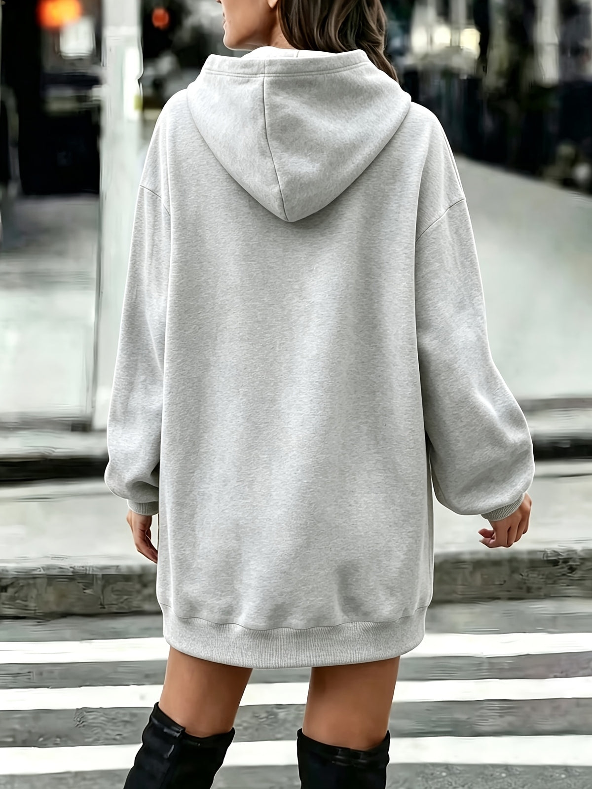 Long Hooded Sweat Dress Women'S Autumn Winter Thickened Fleece Top Women'S Versatile Loose Casual Long Sleeve Hoodie - Grey