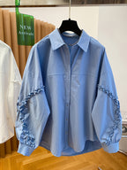 High-End Wood Ear Trim Patchwork Shirt Women'S Long Sleeve 2025 New Loose Lapel Top - Blue