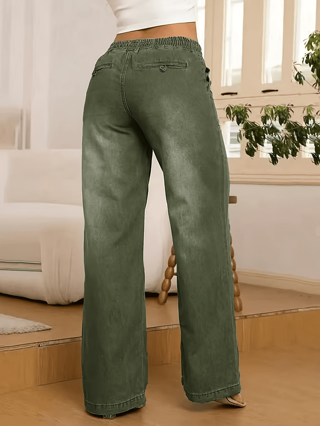 9022# New Women's Vintage Washed Olive Green Stretch Waistband Casual Versatile Jeans, Slim Fit Straight-Leg Denim Pants - Olive Green