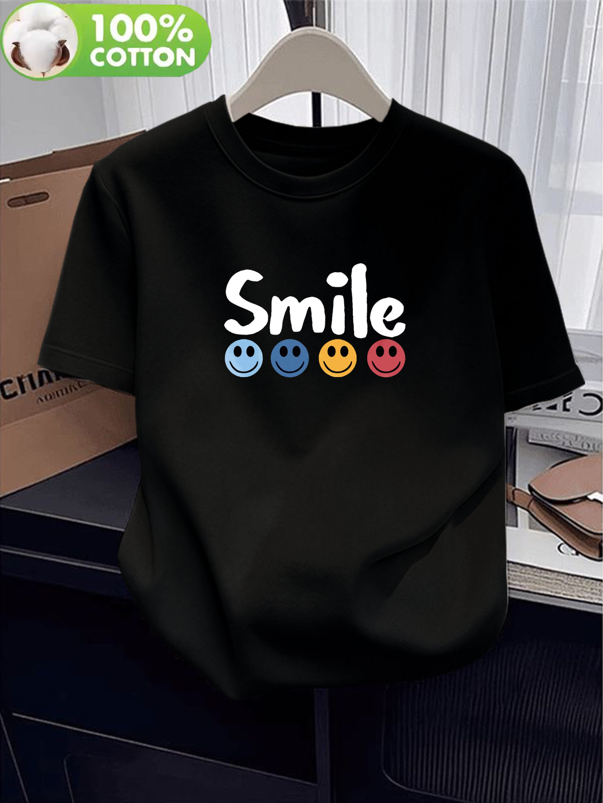 100% Women's T-Shirt, Summer Short Sleeve Thin Top, Trendy and Fashionable Standard Fit, Versatile for Daily Wear, Casual, Comfortable, and Breathable, Colorful Smiling Face and Letter Print Design, Simple, , and Fun Pattern - Black