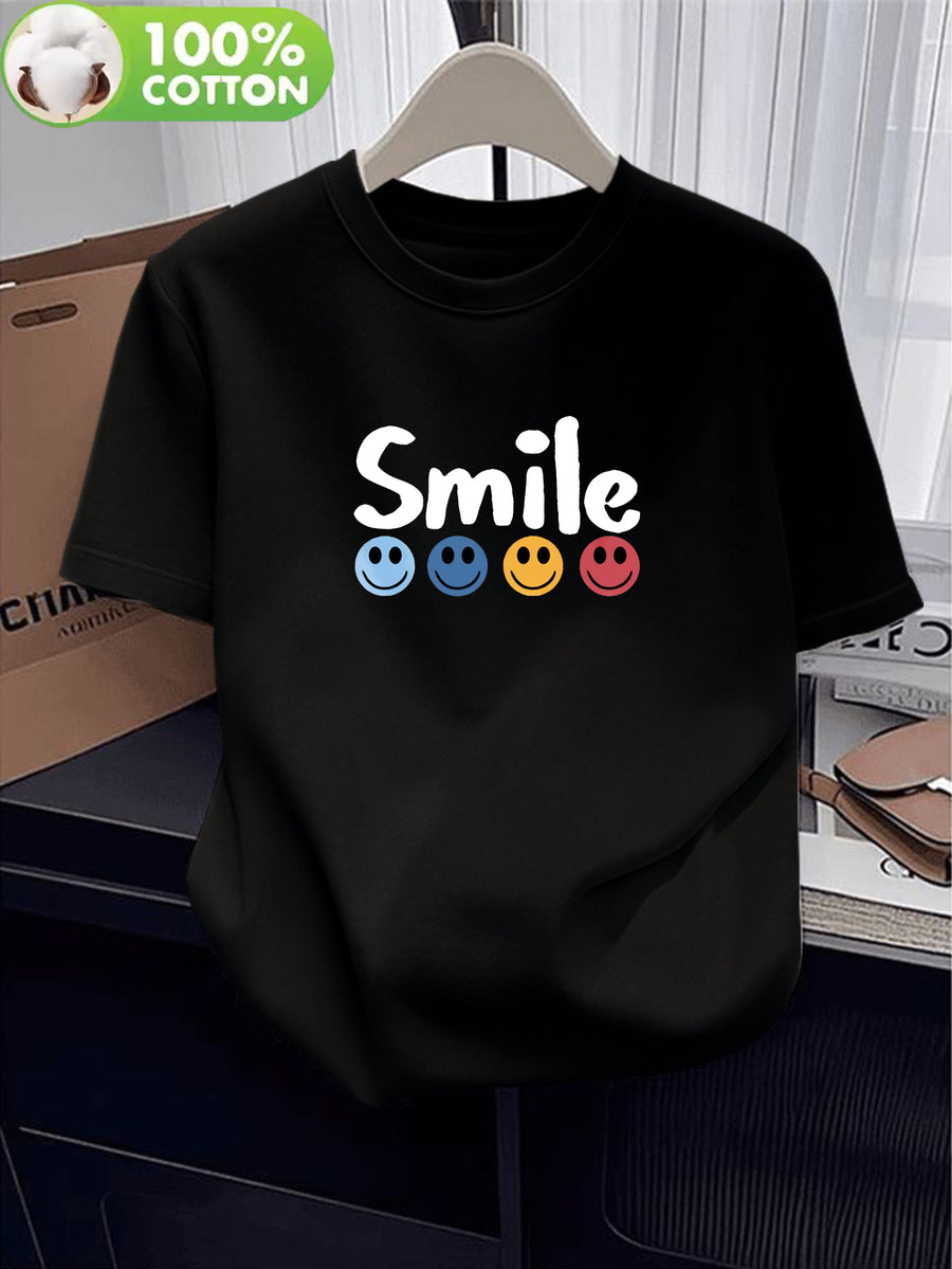 100% Women's T-Shirt, Summer Short Sleeve Thin Top, Trendy and Fashionable Standard Fit, Versatile for Daily Wear, Casual, Comfortable, and Breathable, Colorful Smiling Face and Letter Print Design, Simple, , and Fun Pattern - Black