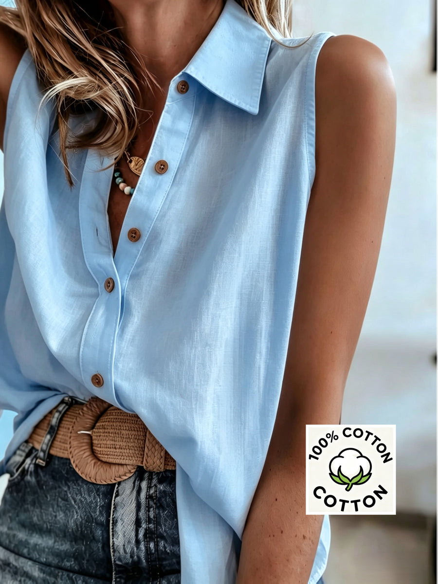 European and American Style Versatile Summer New Arrival Pure Breathable Sleeveless Lapel Single-Breasted Casual Loose Vest Sleeveless Shirt for Women - Blue