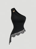 Sexy Lace Asymmetrical Hem Sleeveless Blouse with Metal Buttons, Women's Casual Summer Vacation Top - Black