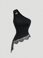 Sexy Lace Asymmetrical Hem Sleeveless Blouse with Metal Buttons, Women's Casual Summer Vacation Top - Black