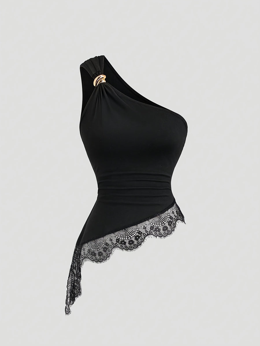 Sexy Lace Asymmetrical Hem Sleeveless Blouse with Metal Buttons, Women's Casual Summer Vacation Top - Black