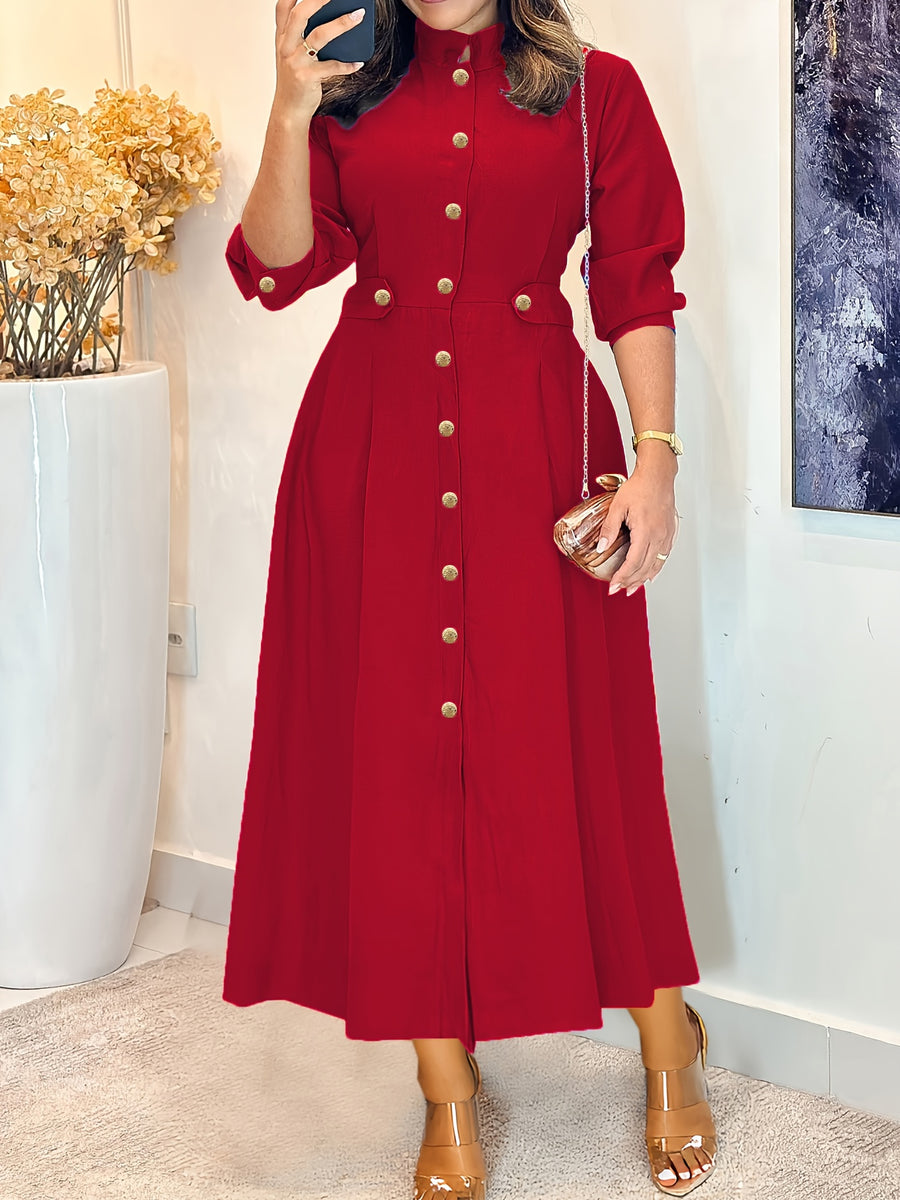Fashion Women'S Classic Stand-Up Collar Single-Breasted Dress Elegant Ruffled Patchwork Long-Sleeved Dress Long Spring And Autumn 12010 - Red