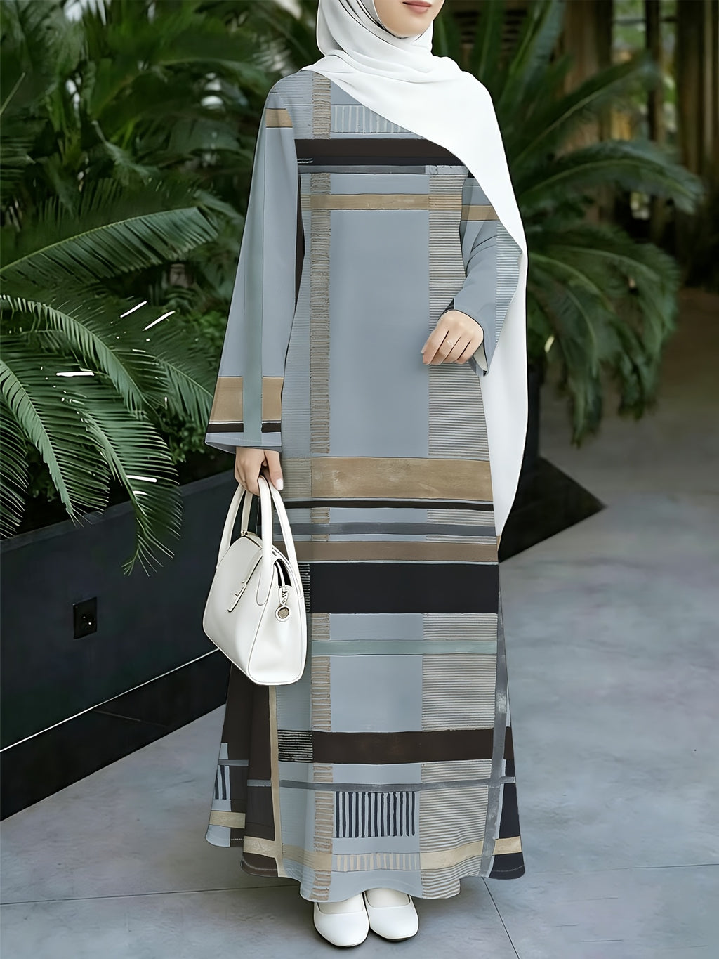 1pc 2D Flat Geometric Color Block Stripes Muslim Dress Women'S Loose-Fitting Long-Sleeved Printed Robe - Daily Commuting & Home Wear - Eid Festival Attire Abayas - Sea Blue