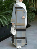 1pc 2D Flat Geometric Color Block Stripes Muslim Dress Women'S Loose-Fitting Long-Sleeved Printed Robe - Daily Commuting & Home Wear - Eid Festival Attire Abayas - Sea Blue