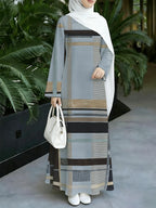 1pc 2D Flat Geometric Color Block Stripes Muslim Dress Women'S Loose-Fitting Long-Sleeved Printed Robe - Daily Commuting & Home Wear - Eid Festival Attire Abayas - Sea Blue