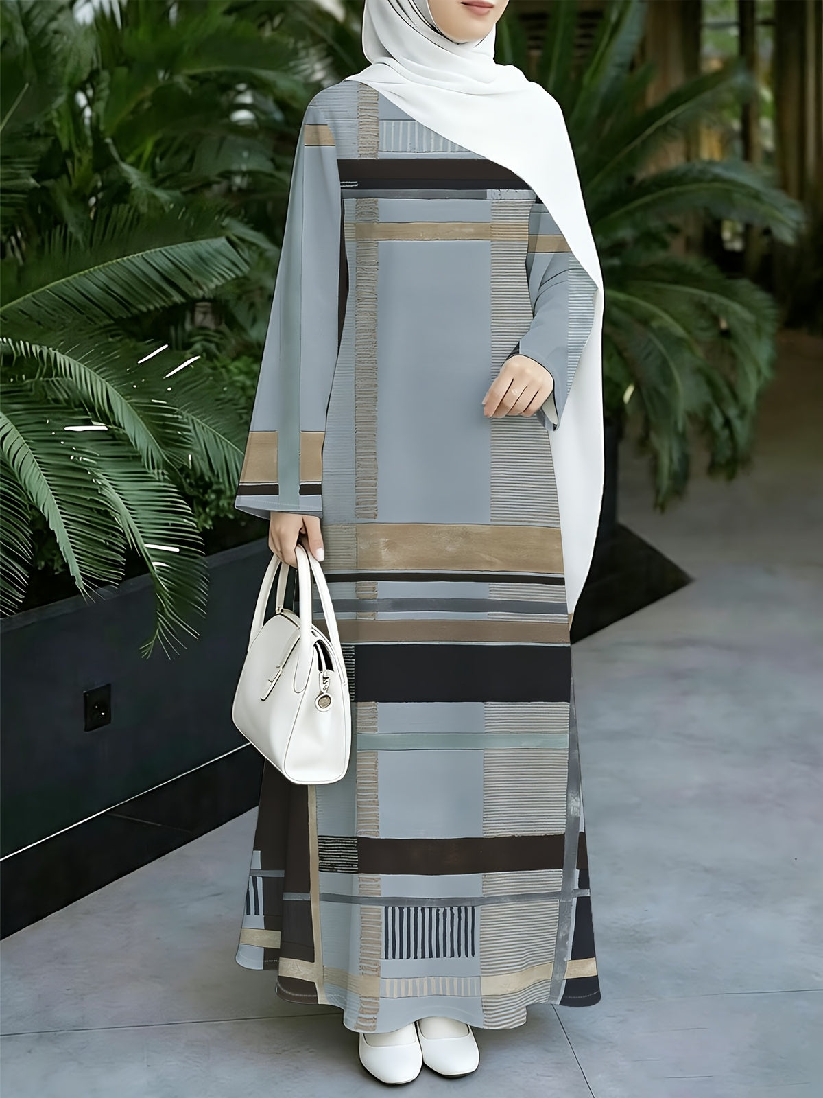 1pc 2D Flat Geometric Color Block Stripes Muslim Dress Women'S Loose-Fitting Long-Sleeved Printed Robe - Daily Commuting & Home Wear - Eid Festival Attire Abayas - Sea Blue