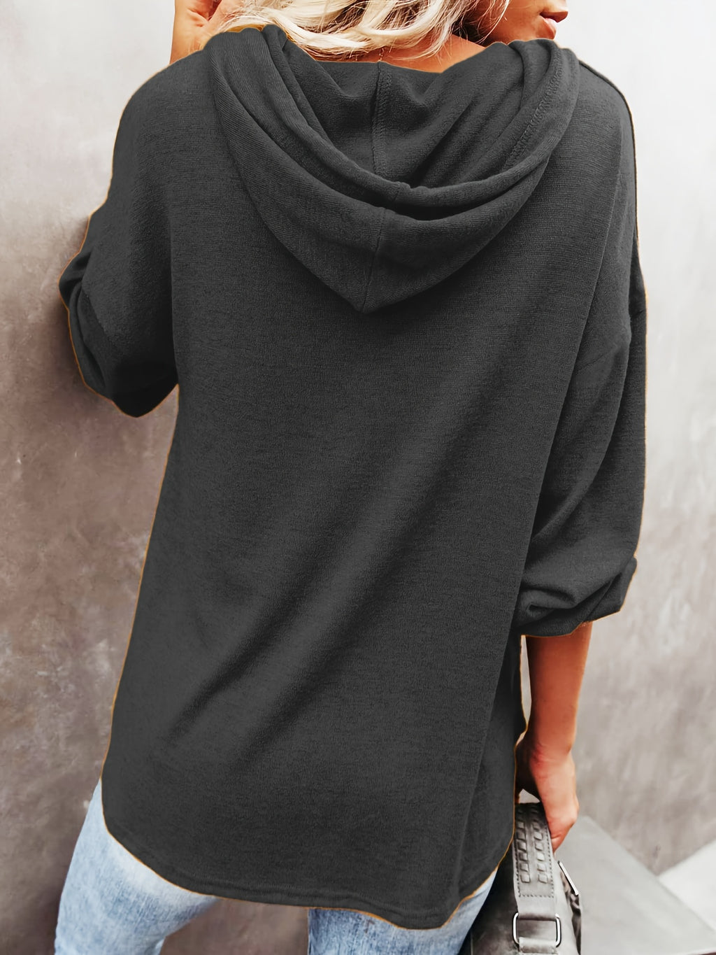 New Autumn/Winter Women's Fashion Hoodie, Casual Loose Pullover with Drawstring, Solid Color Long Sleeve, Relaxed Style Mid-Length Hooded Sweatshirt - Black
