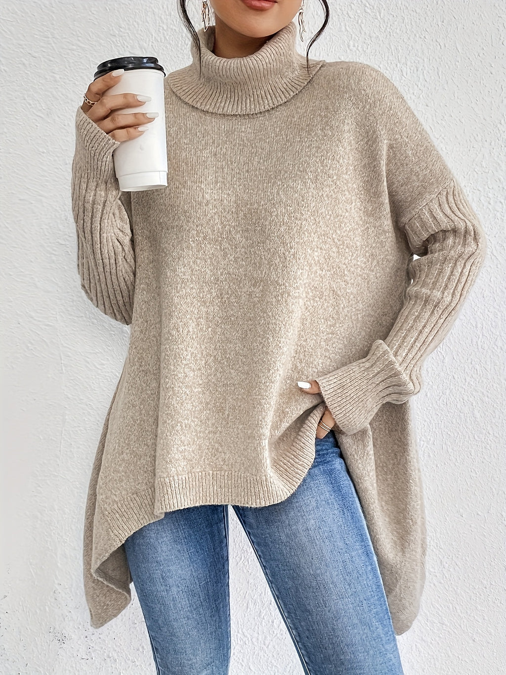 New Autumn and Winter Women's Casual Long Sleeve High Neck Pullover - Khaki