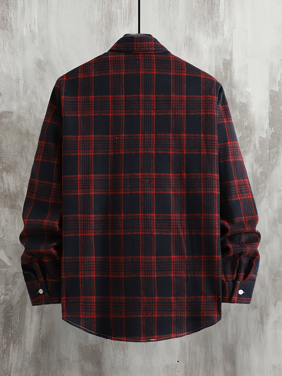 Men'S Casual Flannel Shirt - Loose Fit with Long Sleeves And Plaid Pattern, Featuring a Button- Front Design And a Classic Collar, Suitable for Everyday And Semi-Formal Wear, Can Be Hand Washed - Red