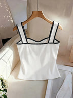 New Spring Summer Style, Elegant French Style Sleeveless White Vest, Fashionable And Graceful, Featuring High-End Decorative Buttons And a Unique Black And White Block Design - White