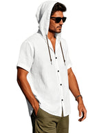 2pcs Men'S Summer Short Sleeve Shirt Set, Breathable And Skin-Friendly Linen Fabric, Trendy Hooded Style, Suitable for Beach Vacations, Beach Outings, And Casual Wear - Mixed Color 7