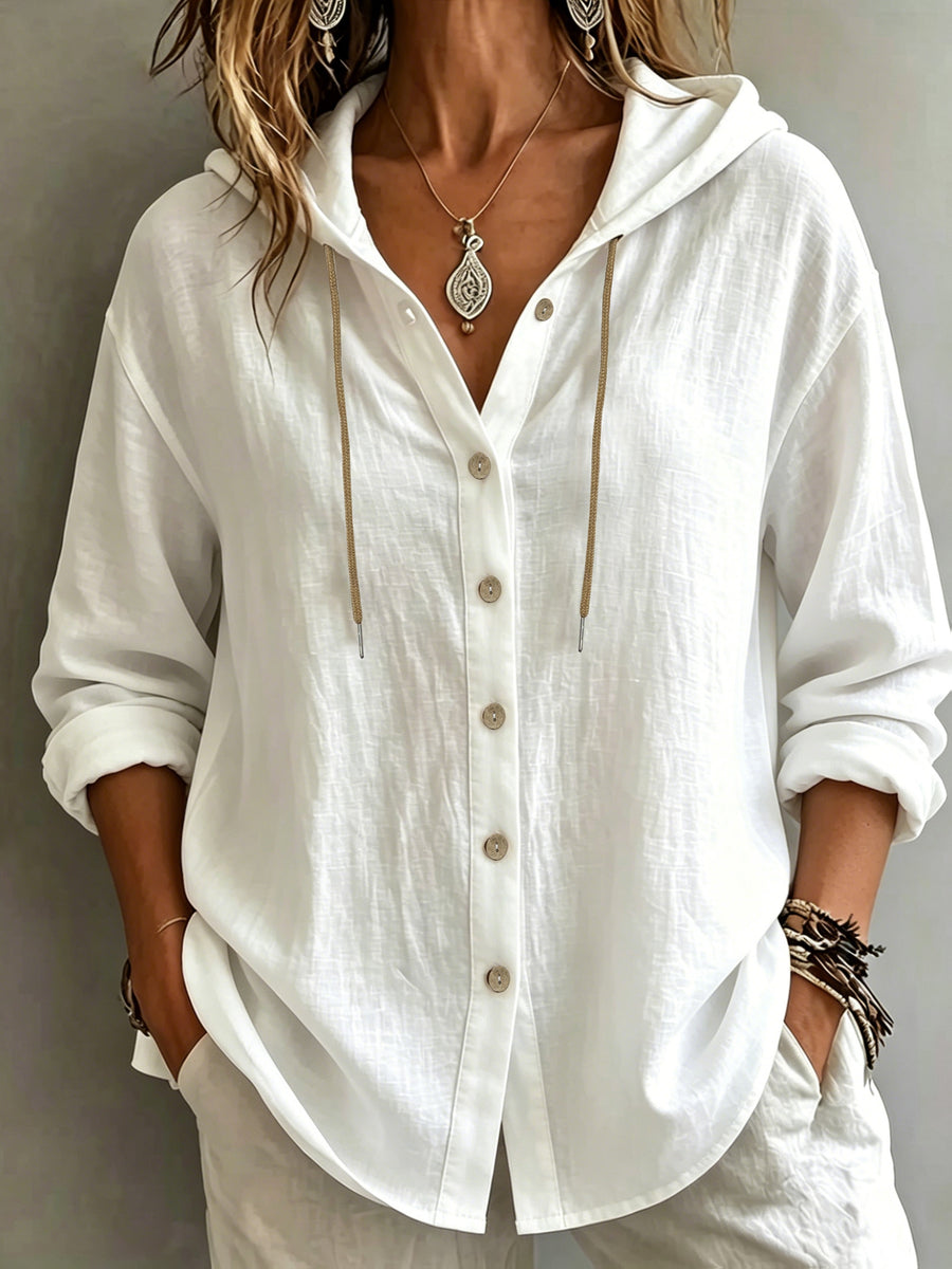 Women's Casual Solid Color Pure Single-Breasted Drawstring Hooded Long-Sleeve Shirt, Loose and Comfortable for Daily Wear, Gatherings, and Office - White