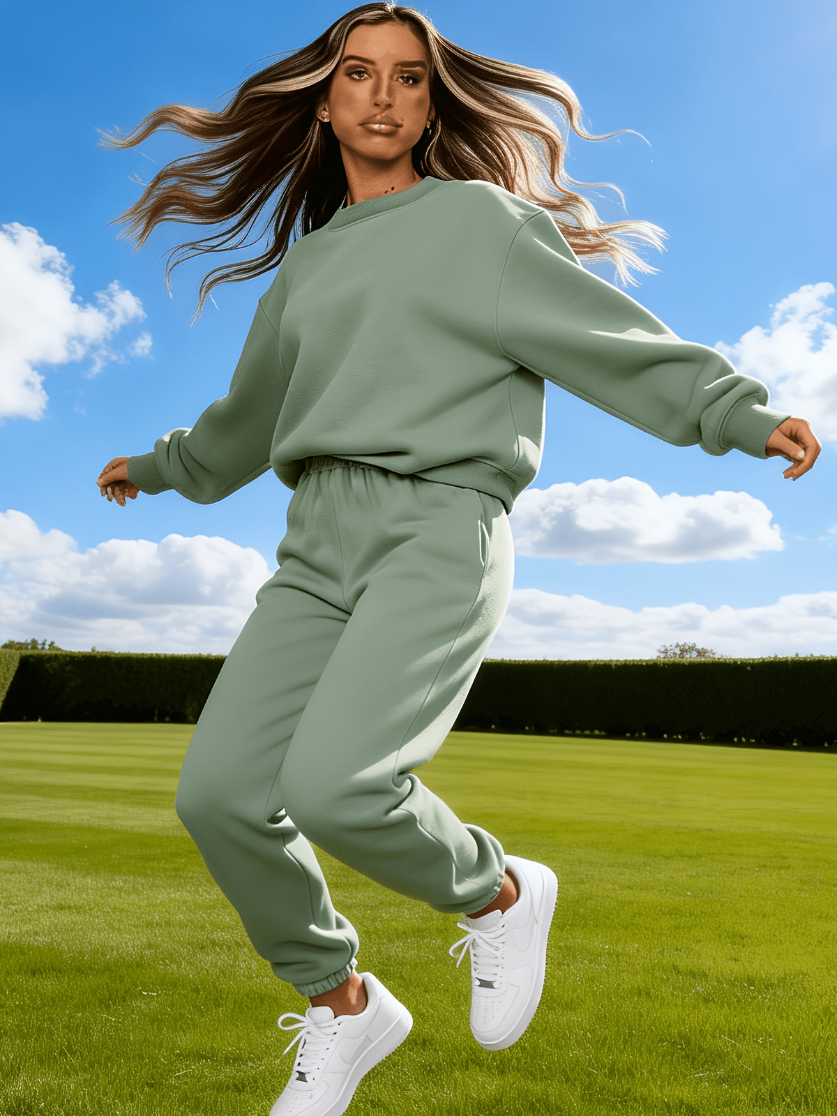 Targeted Western Fashion Casual Trendy Sweatshirt And Sweatpants Set - Dark Green