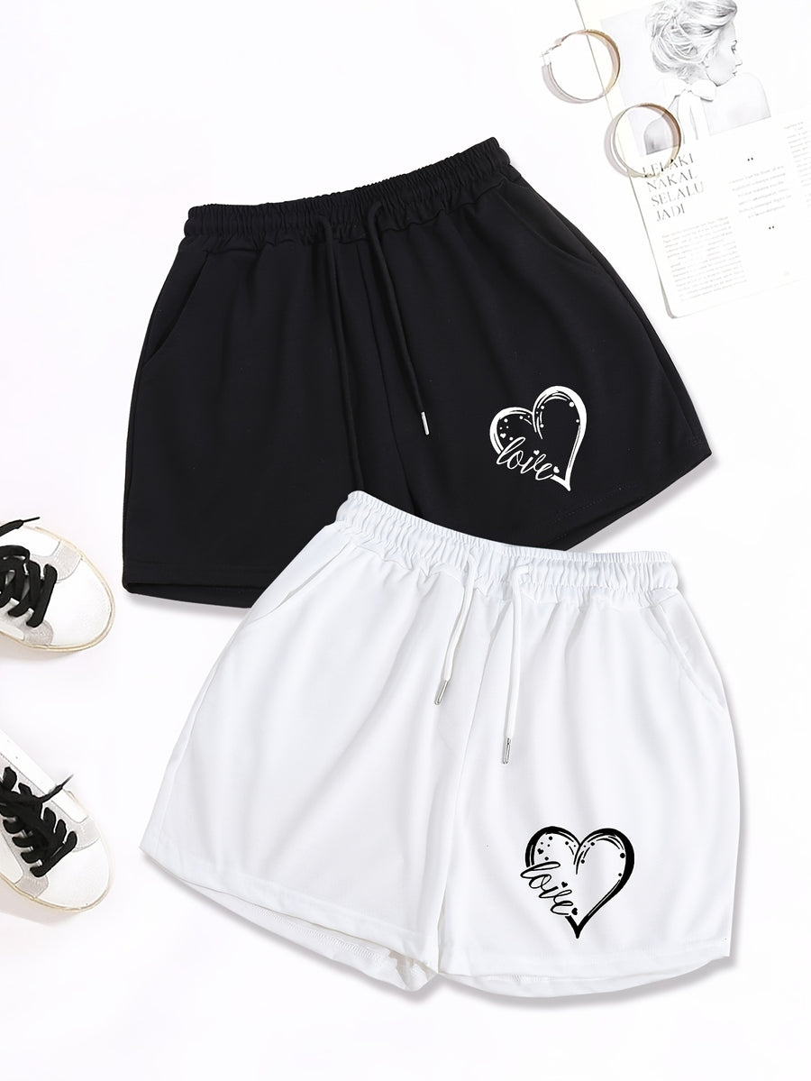 2pcs, Letter Pattern Drawstring Shorts, Casual Shorts, Women'S Clothing - Black+White
