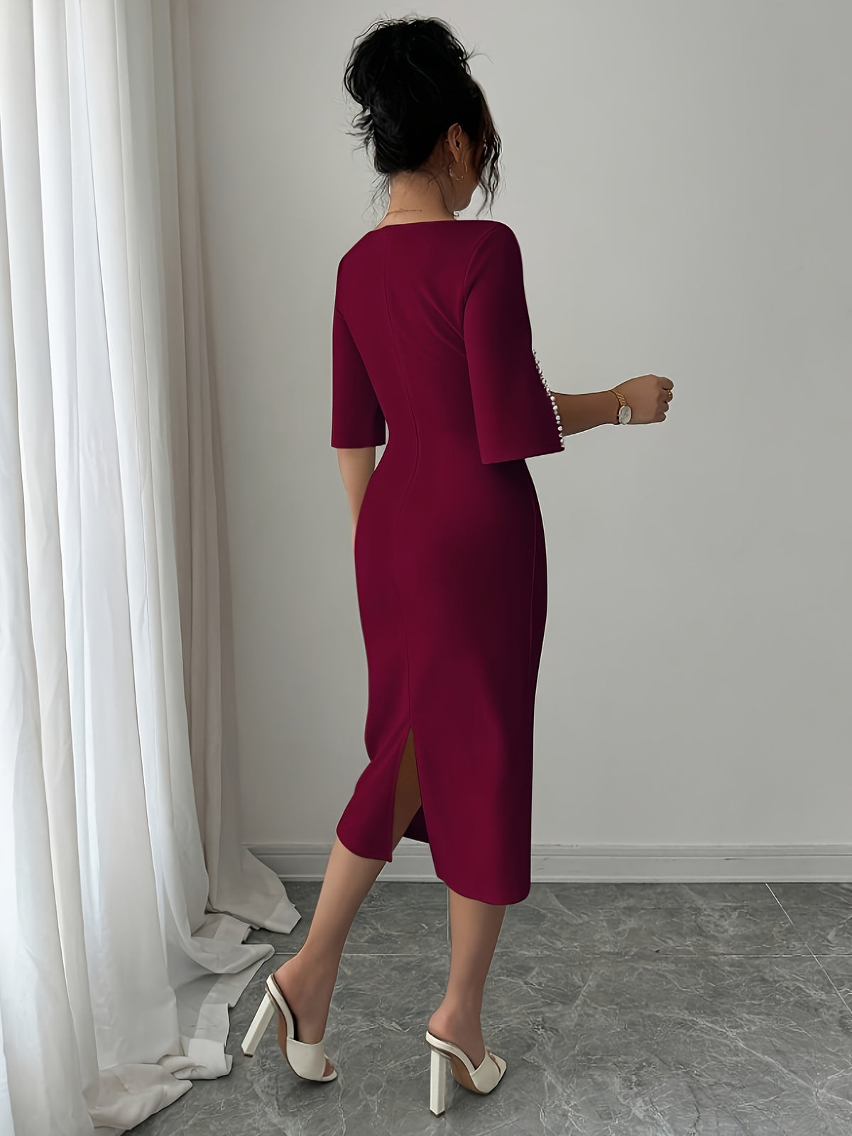 Women'S Pearl Embellished Round Neck Waist Ruffled Elegant Romantic Bridesmaid Dress - Burgundy
