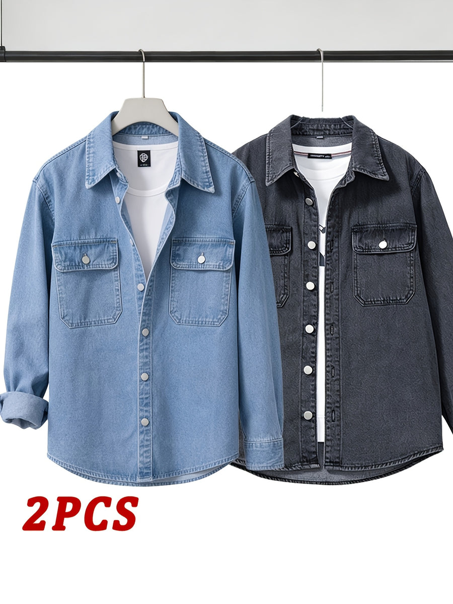 Spring/Autumn Men's Loose-Fit Streetwear Style Cool and Handsome Long-Sleeve Denim Shirt with American-Style Jacket Outer, 2pcs Set - Light Blue + Black Gray