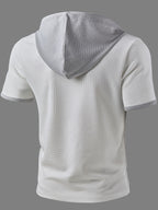 ROYALBOY Spring New Arrival: Hooded Short Sleeve with Dual-Color Waffle Knit Patchwork and Eyelet Drawstring Design. Versatile for Daily Wear, Fashionable Casual Style, Suitable for Gatherings and Parties. Machine Washable, Not Dry Cleanable - White