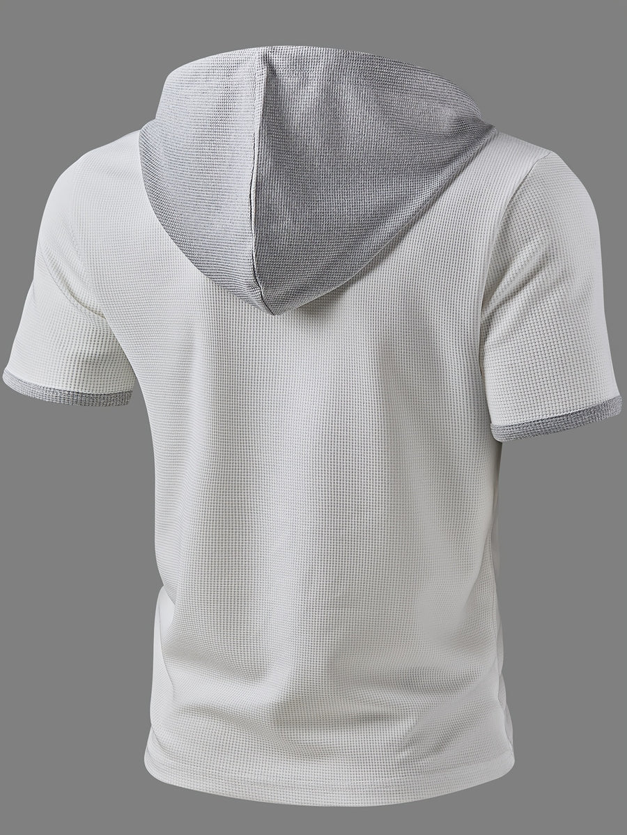 ROYALBOY Spring New Arrival: Hooded Short Sleeve with Dual-Color Waffle Knit Patchwork and Eyelet Drawstring Design. Versatile for Daily Wear, Fashionable Casual Style, Suitable for Gatherings and Parties. Machine Washable, Not Dry Cleanable - White