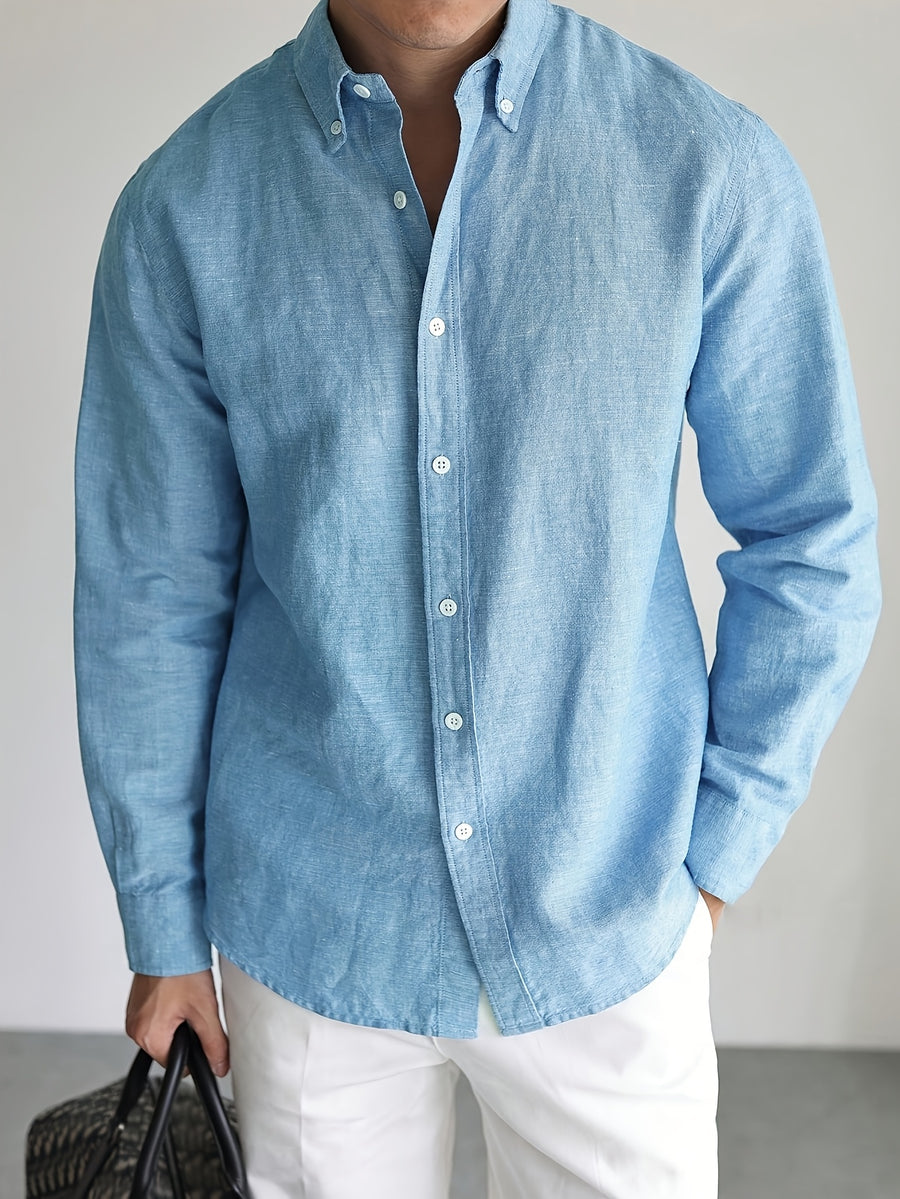 Men's Solid Color Long Sleeve Shirt for Work and Commuting, Men's Work and Protective Button- Pointed Collar Shirt - Blue