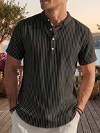 4pcs Men'S Casual Striped Linen Blend Henley Shirts, Breathable Short Sleeve Summer Tops, Suitable for Daily, Beach, And Vacation - Mixed Color 13