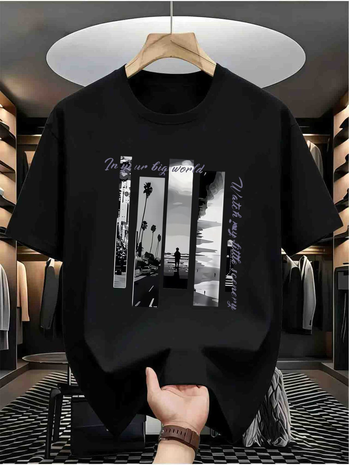 Men's American Street Style Printed T-Shirt, Summer Casual Crew Neck Top, Featuring Unique Split-Screen Black and White Landscape Pattern with Palm Trees, Beach Scenes and Artistic Slogan, Soft Breathable Fabric for Daily Wear, Va - Black