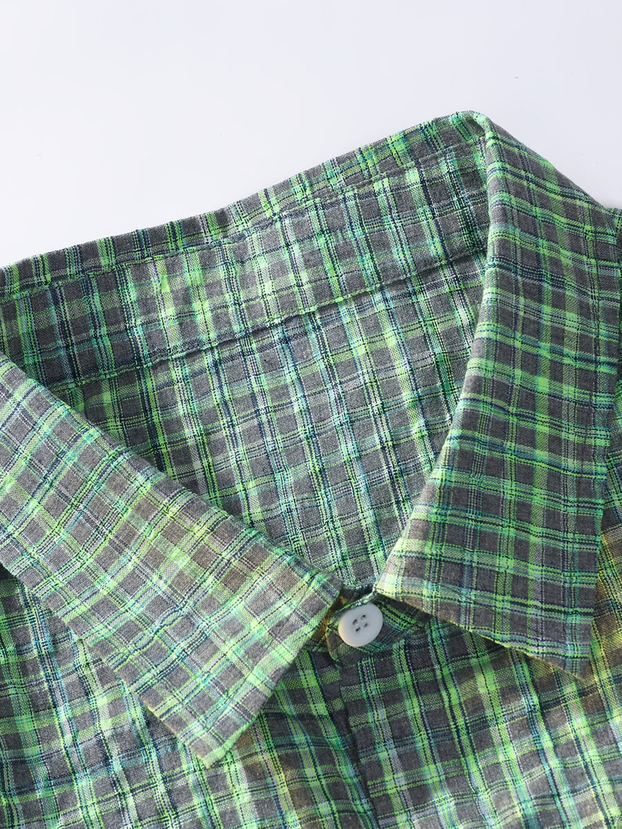 Men's Casual Short-Sleeve Shirt, Bubble Plaid Texture, Loose Fit, Summer Limited Edition! Macaron Plaid Bubble Gauze Shirt, Unisex Loose Short-Sleeve Casual Top, Wrinkle-Resistant and Breathable Loose Fit Casual Wear, Men's Colorful Plaid Shirt - Color-woven check gray-green