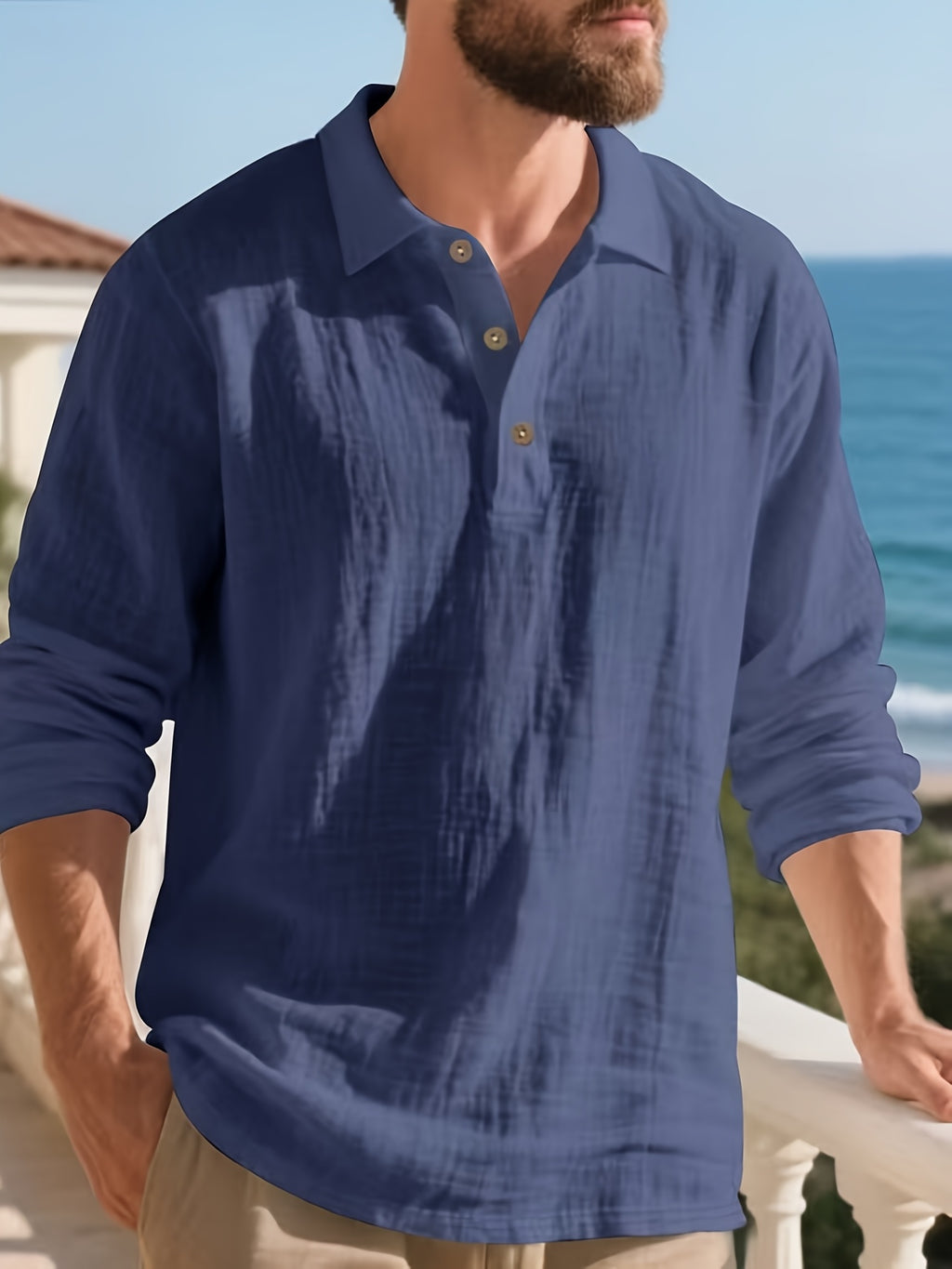 [Pearson OBM] Men'S Casual Fashion Breathable Soft Linen Texture Fabric Anti-Wrinkle Versatile Suitable for Daily Work Commuting Island Vacation Light Business Men'S Shirt - Navy Color