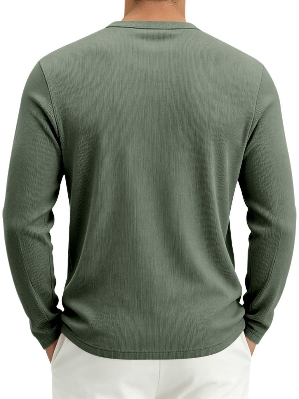 Men's Spring Fall Heavyweight Ribbed Henley Shirt, American Retro Casual Long Sleeve Top, Breathable Loose Commute Henley Neck Tee - Light Green