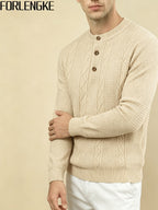 FORLENGKE Men's Button-Front Henry Collar Sweater - Stretch Knit Button Placket Pullover, Cable & Waffle Texture Long Sleeve Round Neck Sweater Suitable for Layering, Winter Warmth, Casual Outfits, Dates, Parties (Solid Color) - Apricot