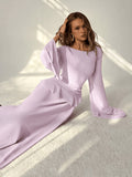 QD260618033 Women's Elegant Off-Shoulder Flared Sleeve Ruffle Waistband Tie-Back A-Line Long Dress - Light Purple