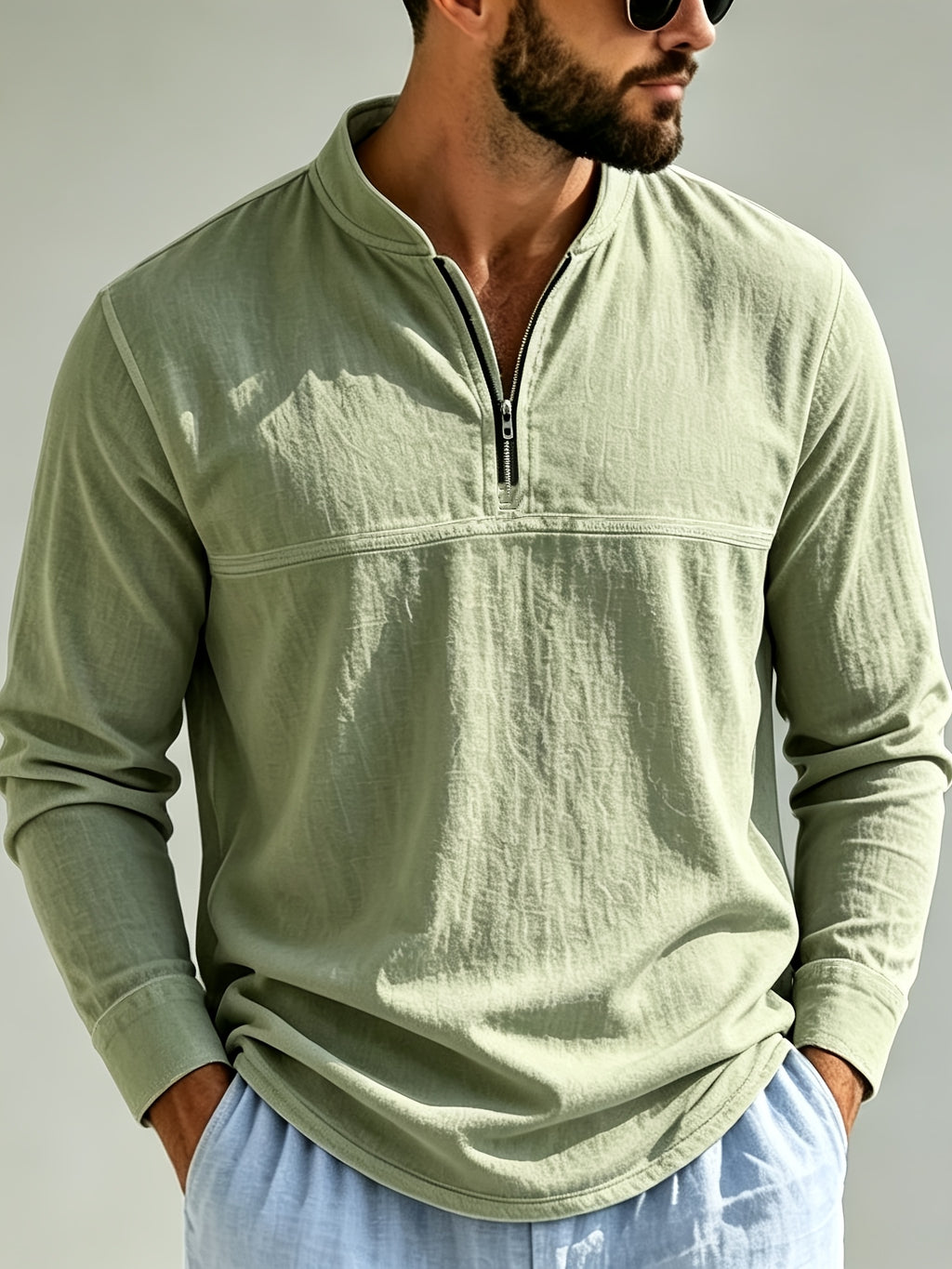 Men's Linen Long Sleeve Henley Shirt Stand Collar Loose Polo Shirt Men's Linen Zipper Casual Shirt - Olive Green