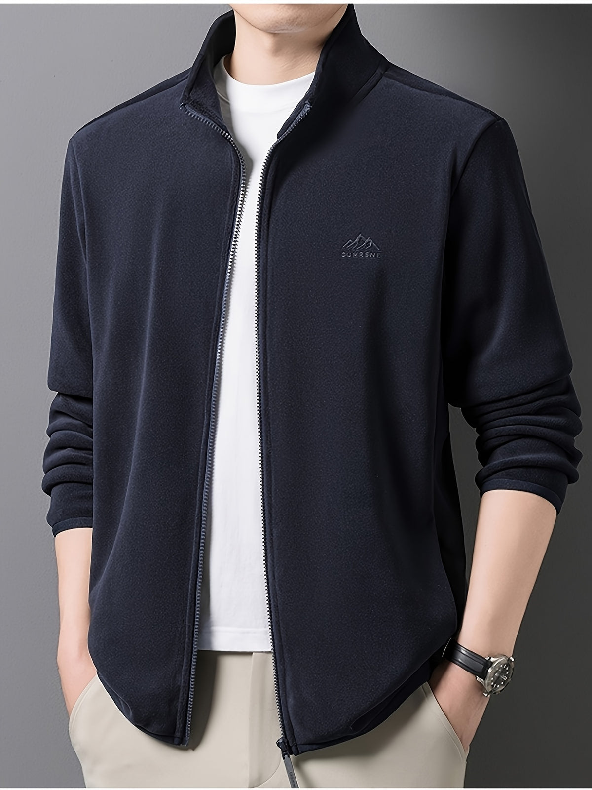 Winter New Men'S Long Zipper Fashion Versatile, Fleece Fabric Comfortable And Soft - Navy Color