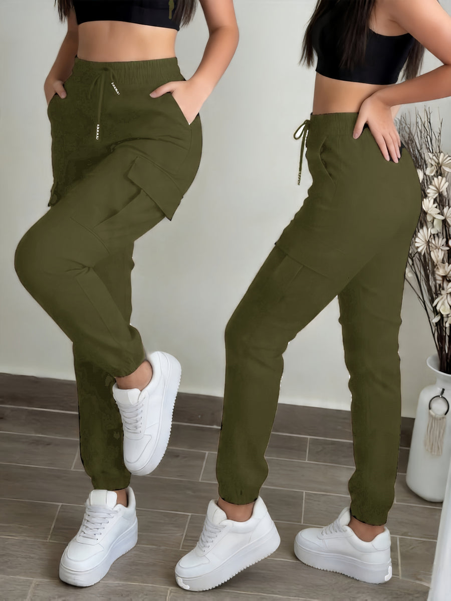 Women'S Pocket Drawstring Cargo Pants. Summer Sports Long Pants with Elastic Cuffs Stretchy Casual Fitness Yoga Joggers for Running. Outdoor Cycling - Olive Green