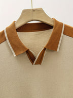 Men's Color-Block Summer Breathable Saddle Shoulder Knit Shirt, Short Sleeve Lapel V-Neck Casual Light Business Knit Top - Apricot